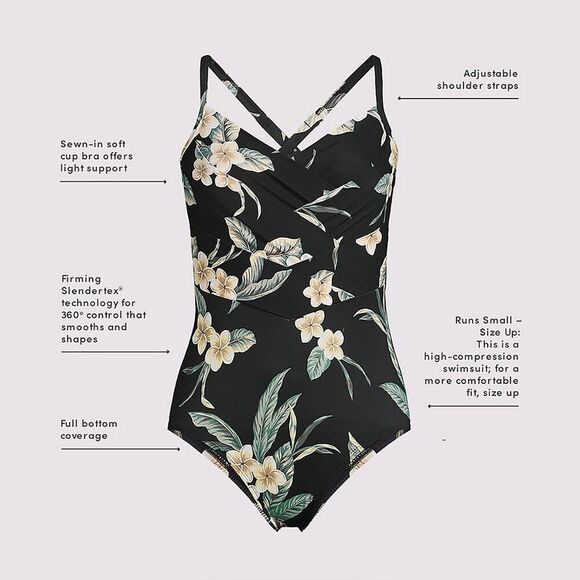 Land's End Plus slender suit pleated X back 1 piece swimsuit black floral Var - Picture 2 of 12